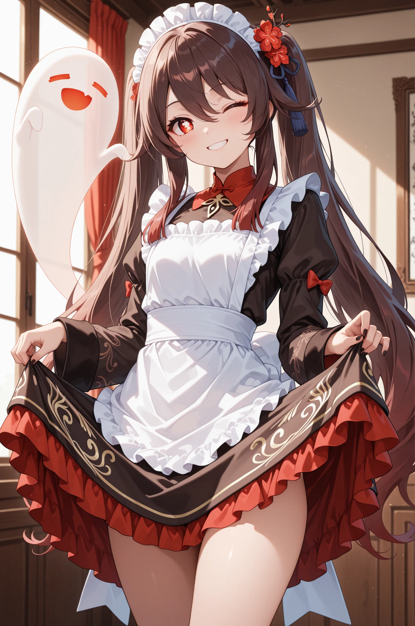 (SFW), masterpiece, best quality, highres 64k, professional artwork, famous artwork, clean, cinematic lighting, beautiful eyes + detail, beautiful hair + detail, multicoloured hair, (sexy young female body:1.4), ( medium breasts, lactation), happy:1.2, smile, sexy looking at the viewer, floating hair, <lora:M14_GirlsFrontline:1>, m14christmas:1.3, brown eyes,  twintails, hair ornament 
, indoors, doorway, open door, (welcome home)