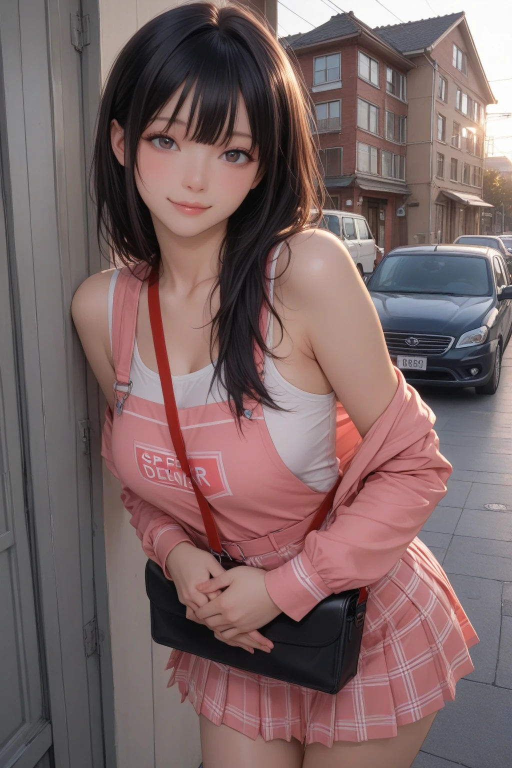 highest quality、4K quality、Young woman shopping、White blouse with open chest、Short skirt、Beautiful thighs、Soft breasts、Looking up at the photographer、Bend on one knee、Hide your chest with your hands、Shot from the top of the front、Red lipstick、Even bangs、