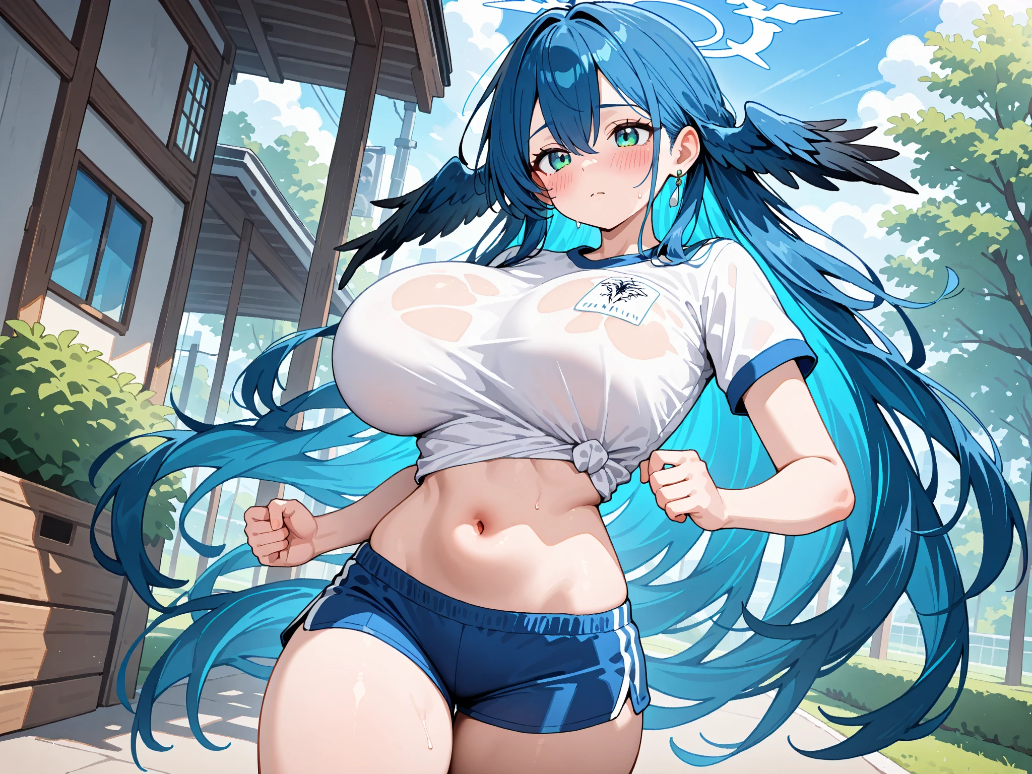 My name is Yukiko.I am a white test woman with long Sky blue hair,red eye color.I am 1.62 cm tall . My breasts measure 300 cm, my waist 40 cm and my hips 200 cm. Dressed in a tight, low-cut pink blouse along with short black shorts . With big breasts 300 cm