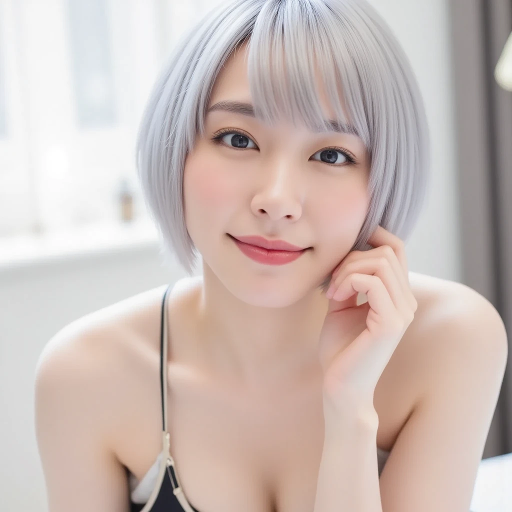 (A cute young Japanese girl, short silver hair:1.5), porcelain white skin, wearing a lacy camisole with a slender figure, sitting in an Italian cafe, reading a book, beautiful detailed eyes with long eyelashes, charming and dropped eyes, lovely smiling lips, extremely detailed face without makeup, best quality, 4k, 8k, highres, masterpiece, ultra-detailed, realistic, photorealistic, photo-realistic, HDR, UHD, studio lighting, ultra-fine painting, sharp focus, physically-based rendering, extreme detail description, professional, vivid colors, bokeh, portraits, soft pastel colors, natural lighting, cinematic composition