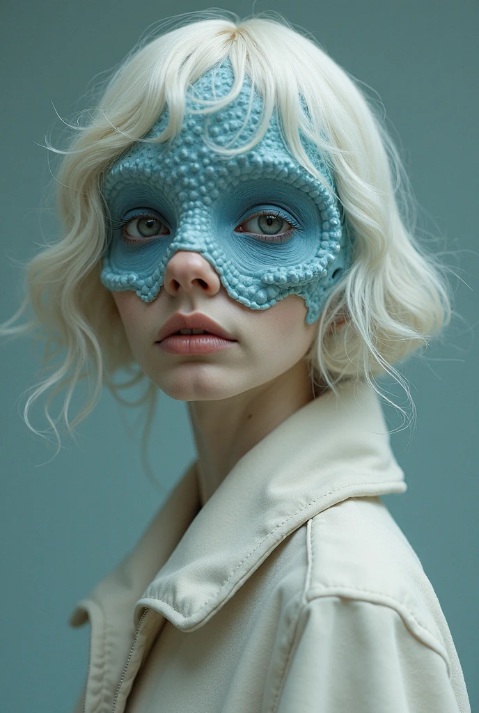solo, 1girl, short hair, portrait, blonde hair, blue eyes, looking at viewer, simple background, lips, blurry, grey background, realistic, skull, bone <lora:sfxmakeup(3):0.8>