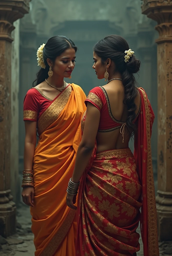 Two women both in saree with deep neck blouse with navel clearly visible. One woman in red saree and the other in green saree. Hair tied in pony tail. Both  women standing face to face with breasts and belly touching and staring with hatred towards each other.