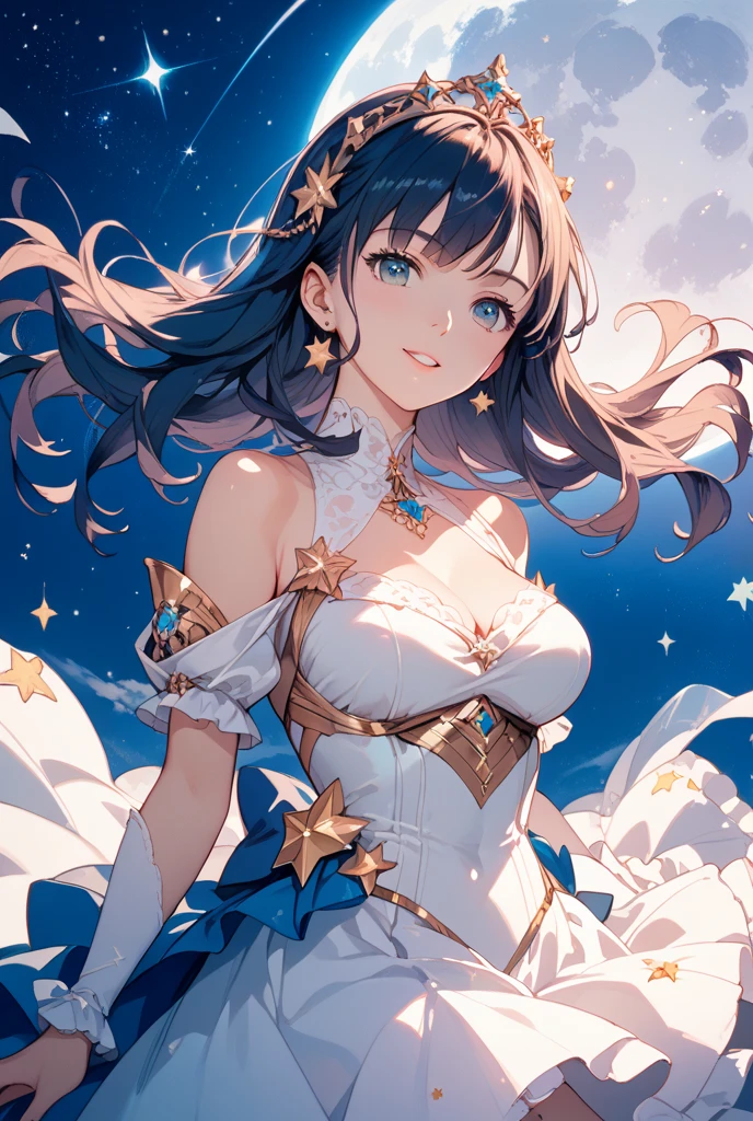 (space nymph milf princess)+, large breasts hdr, (big eyes, perfect eyes)+, outlined iris,8K, wedding photo soft light, global illumination, natural light, sharp focus, cinematic, metart, 8k crystal clear, intricate detail masterpiece,(fine fabric emphasis)+ , in outer space , galaxy background, stars, milky way, meteors, solar flares , black sky, floating in space, star magic,space rainbow