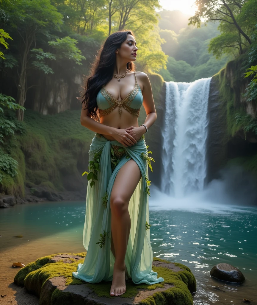 Ethereal beauty, a woman, waterfalls defying gravity, a wolf, bright and sunny, Green field, realistic, vibrant , sexy.