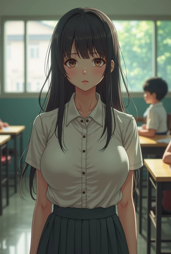 masterpiece, best quality, ultra-detailed, 1girl, solo, looking at viewer, (curvy:1.1), Highschool, teen, average boobs, unbuttoned shirt, see-through shirt, pleated skirt, long hair, bangs, school uniform, cleavage, nipples, classroom