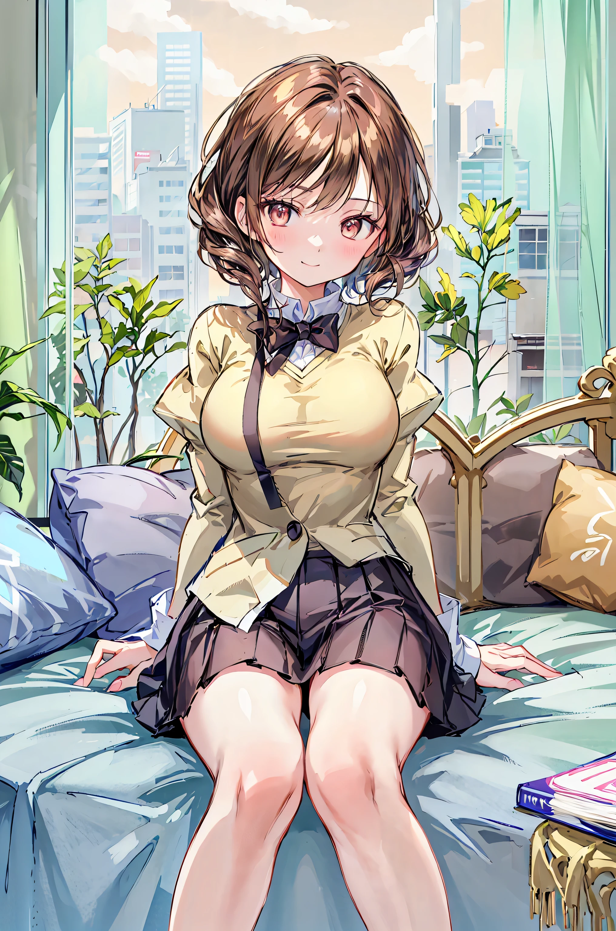 <lora:MayaYamato-03:0.7>,huhehe, 1girl, solo, looking at viewer, blush, smile, open mouth, brown hair, shirt, thighhighs, long sleeves, jewelry, sitting, green eyes, :d, outdoors, sky, shorts, hair bun, nail polish, white thighhighs, short shorts, night, building, star (sky), night sky, starry sky, yellow shirt, lamppost