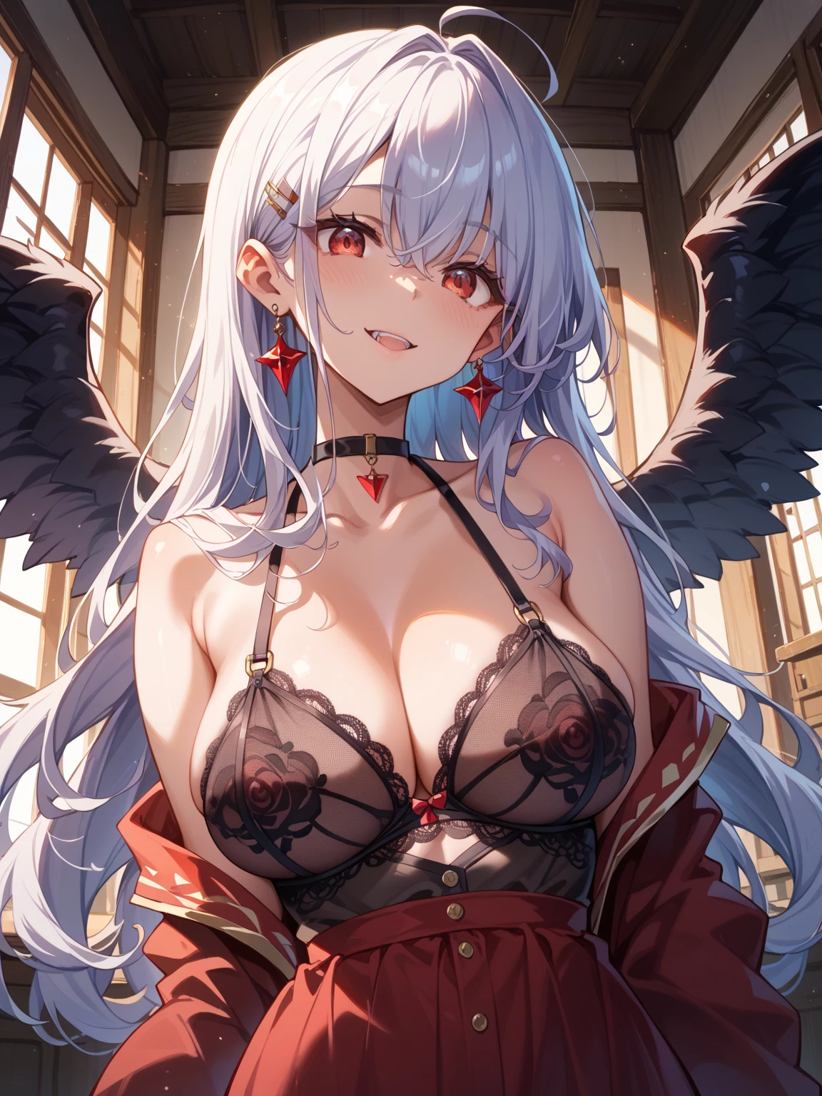 ((exceptional quality)), ((masterpiece)), (detailed), perfect face, perfect eyes, expressive eyes, long wavy white hair, white cat ears, gigantic breasts, thick thighs, red eyes, bratty, lips parted slightly, lips curled into a smirk, red lipstick, unbuttoned long sleeve jacket, bikini top, skirt, subject clearly visible, subject facial features clearly visible
