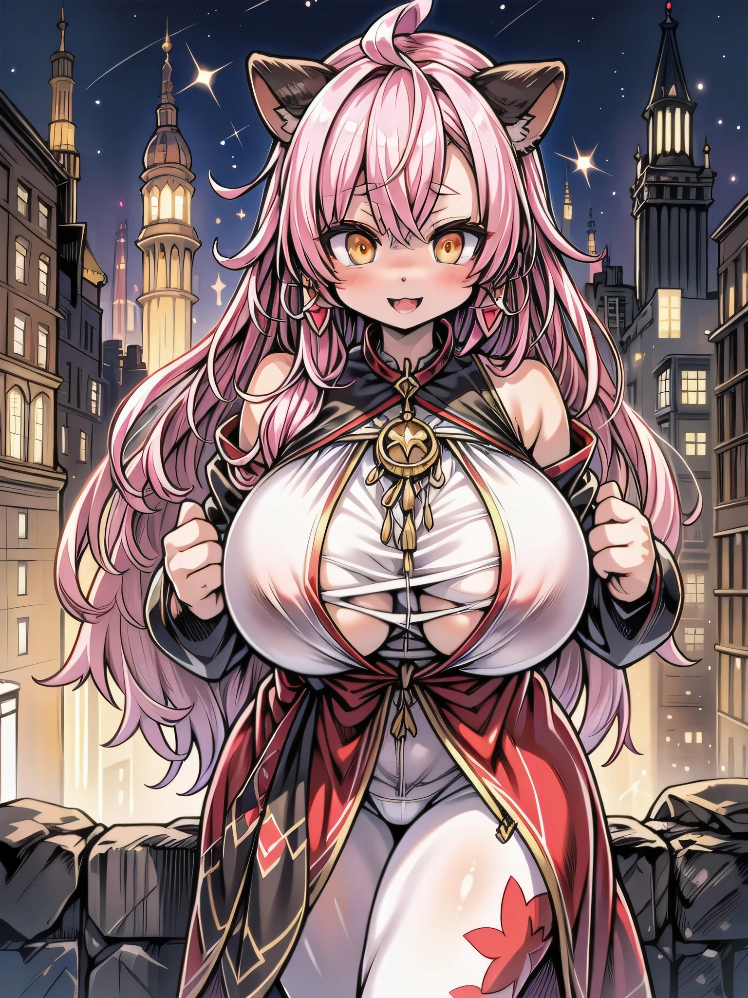 ((top quality)), ((masterpiece)), (huge sagging breasts:1.38),thick legs,Patterned clothing.Magical Girl,pink hair.(dark skin:1.25). magic wand. cowboy shot. in the city,