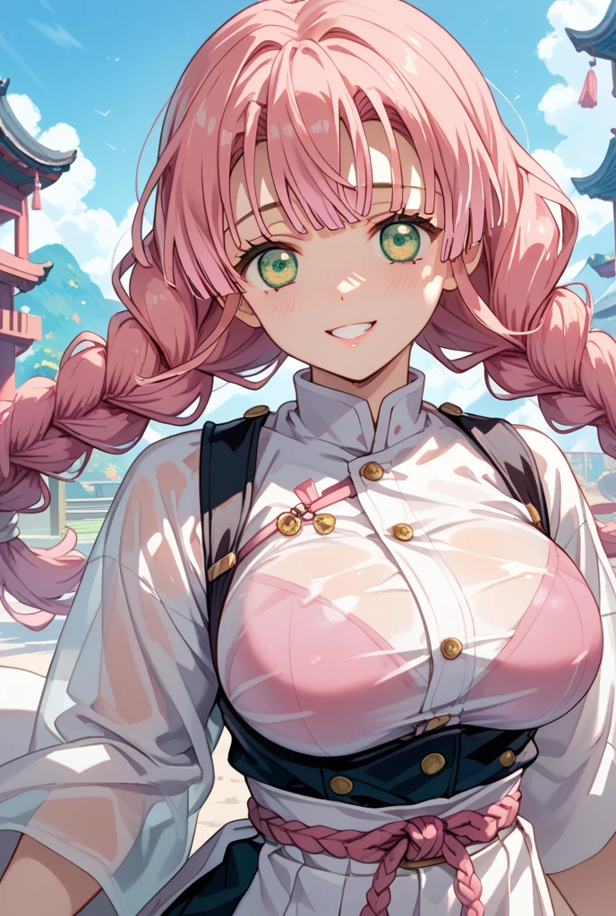 (masterpiece:1.4),best quality, 1girl, (huge breasts:1.3), curvy, hyperdetailed, adult, mature, woman, thick lips, 
 <lora:Mitsuri:1>, Mitsuri,