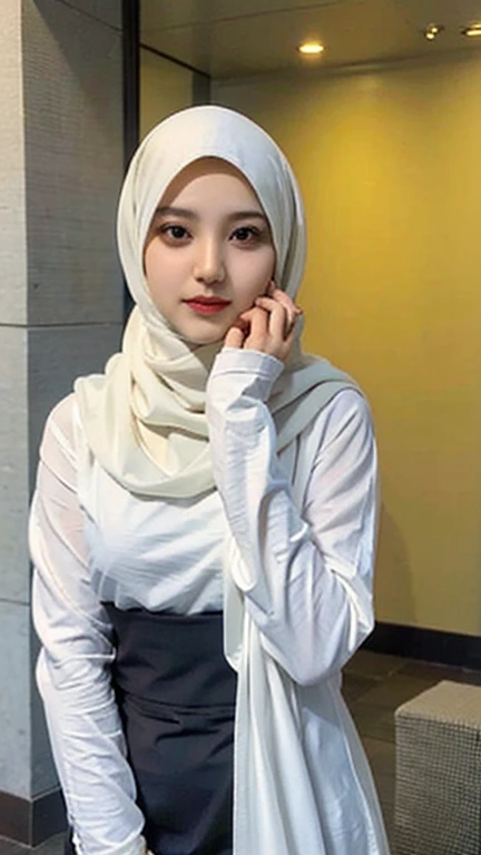 adorable, 1 girl, 10 years old, baby face, shy, full body portrait, (face details: 1), (eye details: 1), ((medium breasts)). wearing white long shirt, long skirt, modern hijab colorful, (large breasts)... Cute posed. proportional body. Ultra High res.photorealistic:.1.4,UHD