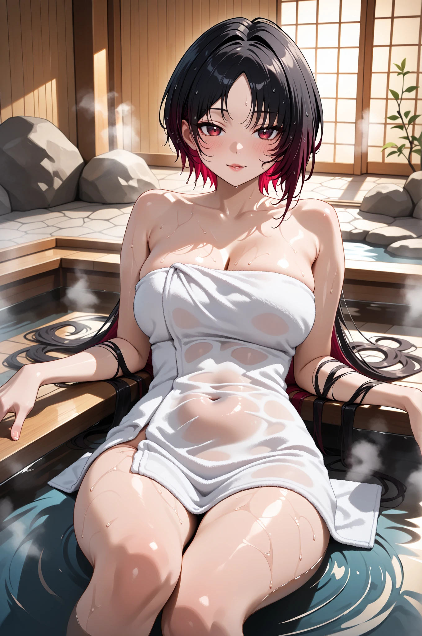 A mature woman, beautiful, black hair, bath, neck height, smooth, with a bangs on the forehead, well-rounded face, big eyes, looking 40 years, fleshy lips of hoop earrings, best picture, 8k 32k HD, eyes painted around, full body seated facing one leg raised with mini red shorts, mini transparent blouse