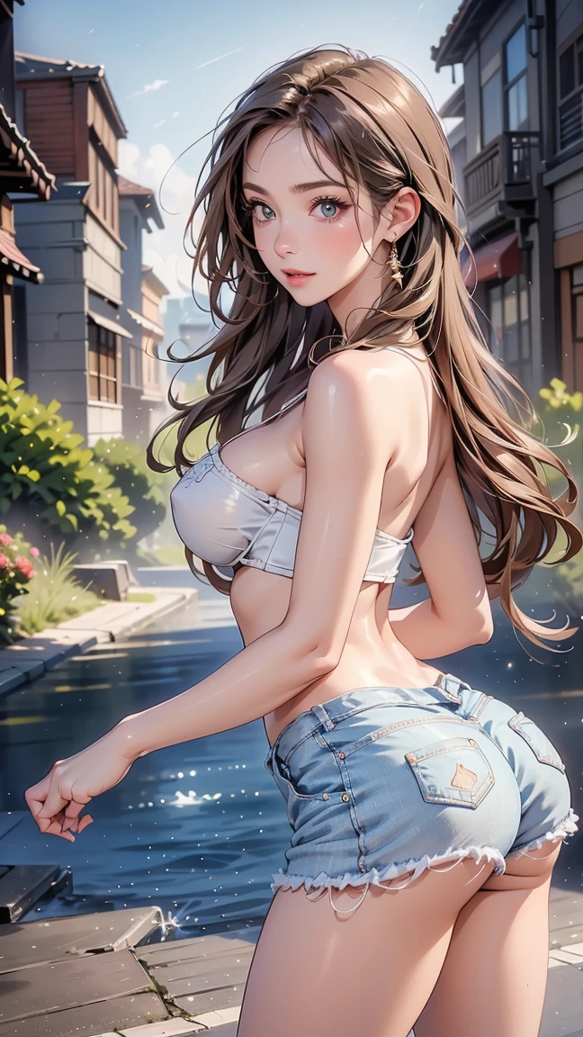 Full body, landscape, Brown hair,  blue eyes, pouty lips, wearing a blue sundress, standing with a suitcase in a parking lot, (8k, RAW photo, photorealistic: 1.25), (lots of eyelashes, best quality, ultra high resolution, depth of field, wide light, natural color, picture from distance (1:2), ana de armas, hair with many details, beautiful, medium breasts, 8k artgerm bokeh, fanart best artstation, render photorealistic girl, art in the style of guweiz, inspired by WLOP, ig model | artgerm, deviantart artstation cgscosiety