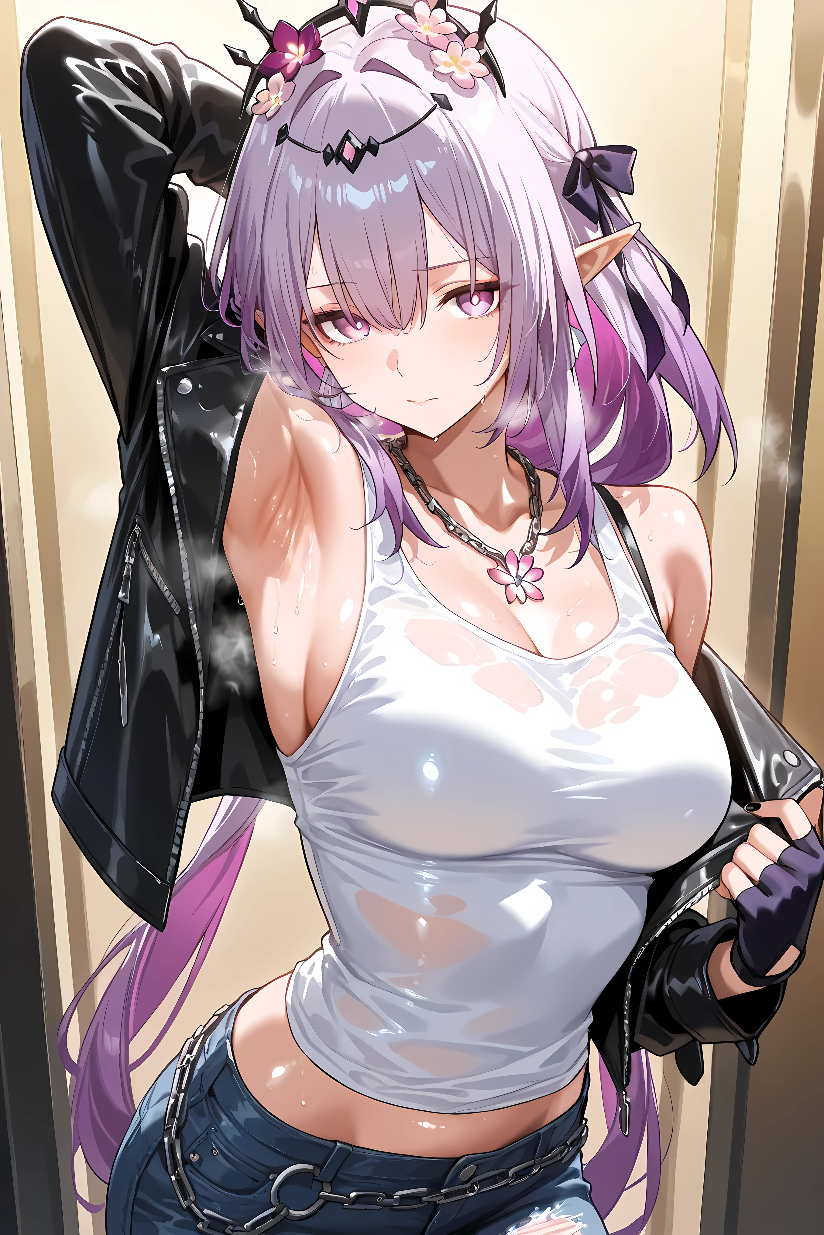 bra lift、(small nipple)、(topless)、(showoff nipple)、Pink Hair、woman、Pink Eyes、Cute Face、Masseter muscle area、Ruffled black jacket、There are a lot of belts、Silver Chain、Cool clothes、sticking out the navel、Look at this、length、Side Tail、Big Boobs、