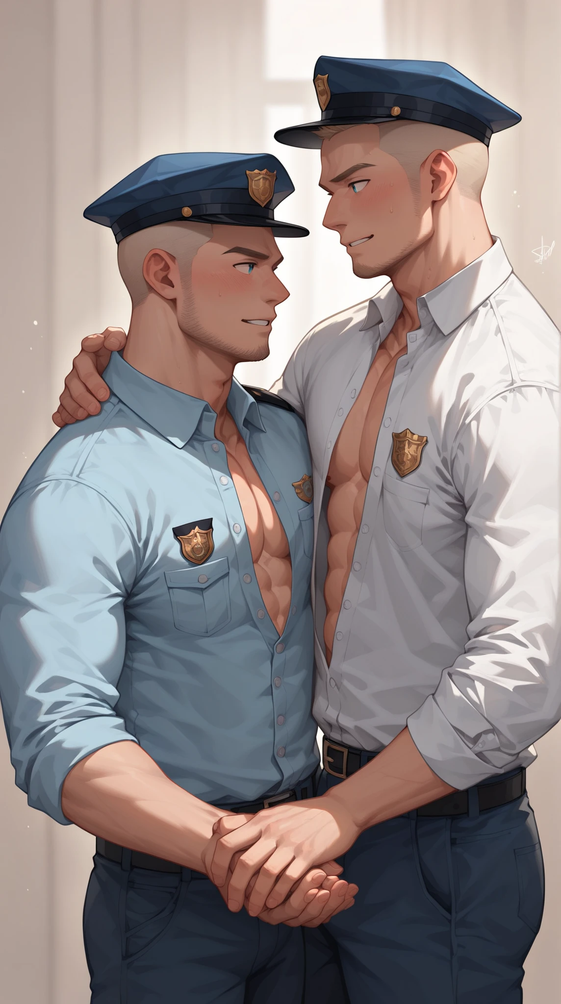 best quality, masterpiece, extremely detailed, yaoi, 2 boys, very muscular bodybuilder male police officer, thigh fucks another muscular male police officer from behind, looking directly at each other, dripping precum, cumshot, cum, excessively spraying cum, sexy, gay homoerotic, ambient lighting, extremely dramatic shadows, romantic atmosphere, perfection, no watermark, no logo, no signature