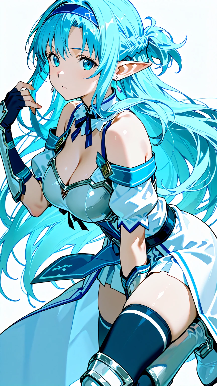 4k,High resolution,one woman,blue hair,long hair,big breasts,princess dress,Princess white light blue tight cyber suit,jewelry embellishments,princess tiara,city of the future