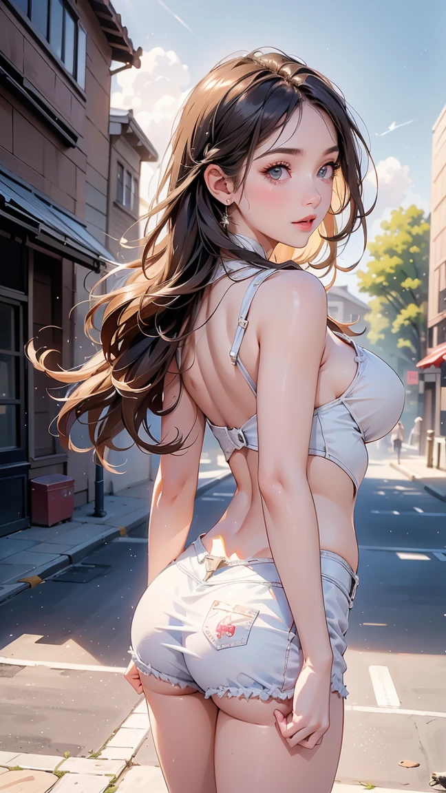 (hot thicc ass) Riley Reid, skinny, slim thick, 8k, at a street, smiling, beautiful face, wearing a black bra and black thong