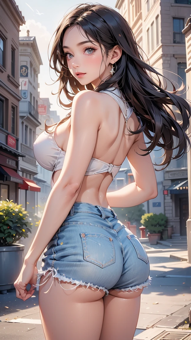 Asian woman in white jeans posing on the street, Thin waist and thick hips, Attractive body, West Shot, Sexy Girl, Perfect body, Smooth body, wear tight, simple clothes, wear tight, simple clothes, Sexy Body, Shapely butt, chic, Nice hips and long legs, Tight ass, View from behind, Beautiful curves, Beautiful body style
