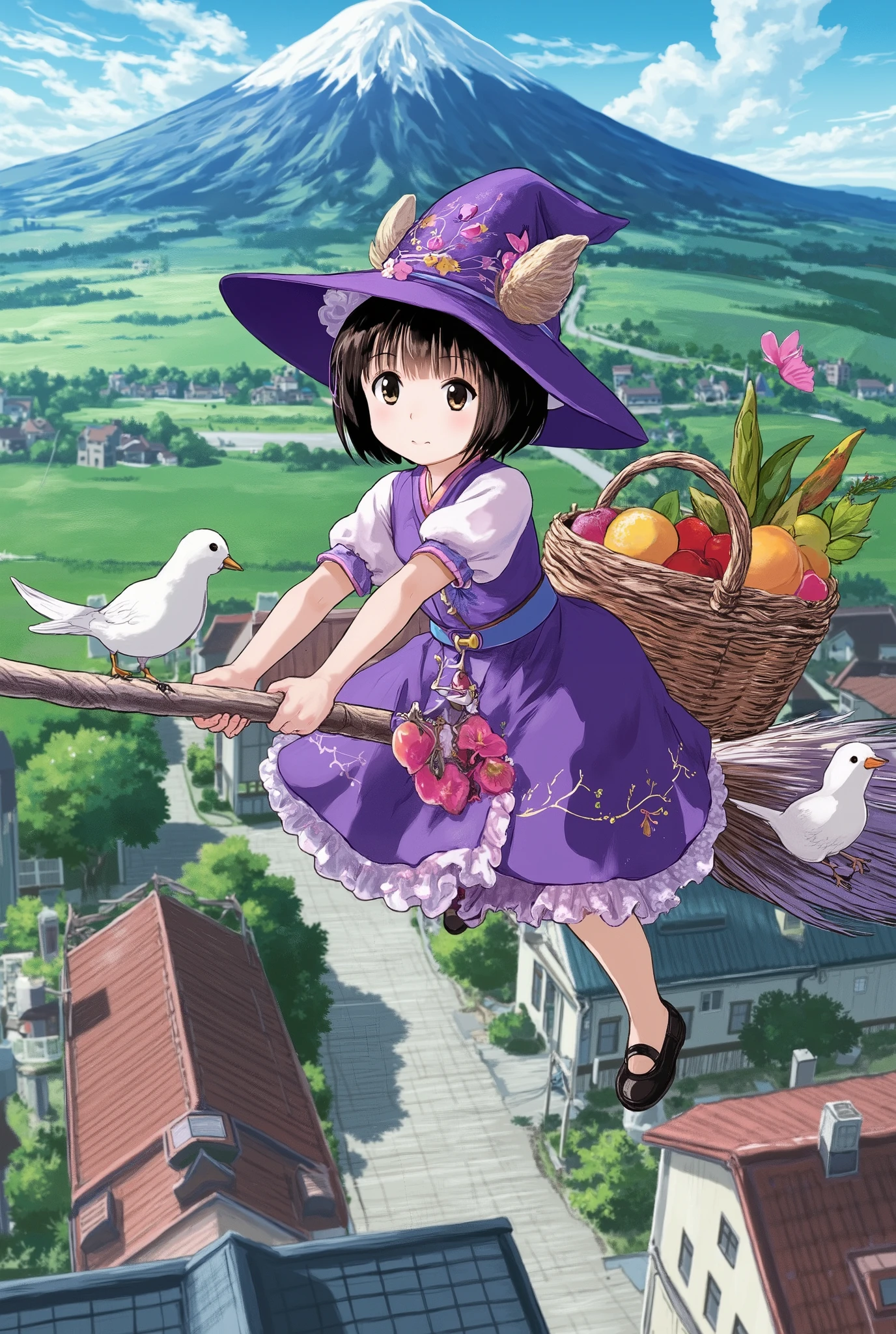 A wizard girl straddling a is flying through the air。very cute Japanese girls。purple witch hat。purple witch dress。straddling the broom handle。the handbag is hooked to the handle of a broom。There is a lot of fruit in the basket。black shoes。daytime sky on a clear day。Above a residential area in Japan。fantasy world。realistic painting style。small white birds flying with them。Mt. Fuji and trees in the background々。Midsummer Day。