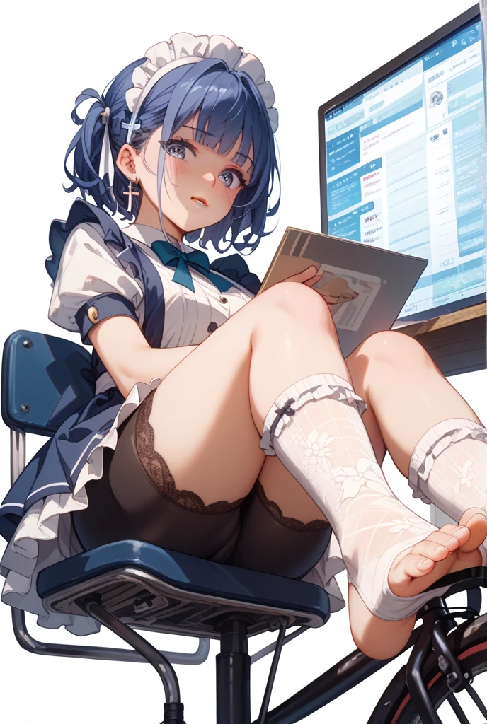 1girl, Kasumizawa Miyu (Blue Archive),(solo), ((masterpiece)), (shadow), [slim], (small breasts), (detailed:1.7), (thick lines), cinematic lighting, (textured skin), ((sharp focus)), ((very clear)), drop shadow, focused, shading, tracing, smooth, pale skin, sharp, (pixiv), (skirts), (sitting) on a table, classroom, (pelvic bones),school uniform, skirt, white pantyhose, shoes, armband, leaf on head, masterpiece, ultra detailed, white pantyhose, see-through clothes, simple background