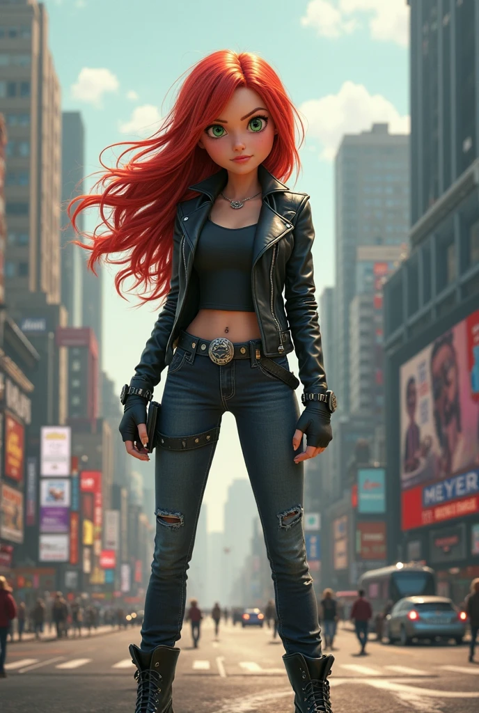 (((full body photo))) gray jeans, long red hair, makeup, green eyes, black belt, green bodysuit, multicolored bodysuit, turtleneck, long sleeves, looking at viewer, serious, smiling, portrait, outside, blue sky, extreme details, masterpiece, beautiful quality, one hand on waist, white background, heroine pose
