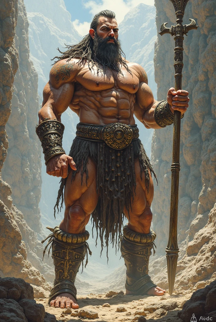 Golias era um gigante impressionante e imponente, cuja estatura era muito maior do que a de qualquer outro homem. Ele era alto e robusto, with a powerful and muscular physical structure. His presence was overwhelming, fazendo com que todos ao seu redor sentissem-if small in comparison.

His head was large and imposing, com um rosto severo e dominador. He had a broad forehead and a defiant expression in his eyes. Esses olhos eram penetrantes e transmitiam uma aura intimidante, reflecting the strength and cruelty he exhibited.

Goliath had long, thick hair, that cascaded over his broad shoulders. Sua barba era espessa e robusta, adding even more grandeur to his countenance. Essa barba tinha tons escuros, matching its generally gloomy appearance.

Seus ombros eram largos e imensos, indicating the formidable strength he possessed. His arms were muscular and powerful, capazes de brandir uma espada ou um escudo com facilidade. Sua pele era resistente e bronzeada, The result of a lifetime of battles and sun exposure.

Golias usava uma armadura pesada e imponente, feita de bronze ou ferro, que cobria seu corpo. Essa armadura protegia seu peito, your legs and other vulnerable parts, as well as adding to his air of invincibility.

He wielded a huge spear, cujo comprimento excedia em muito o tamanho de um homem comum. This spear was sharp and dangerous, being a formidable weapon in his gigantic hands.

This is a detailed physical description of Goliath, adapted for children. Lembre-whether the physical description of Goliath may vary depending on artistic and cultural interpretation, But these characteristics are usually associated with him in biblical history. --auto