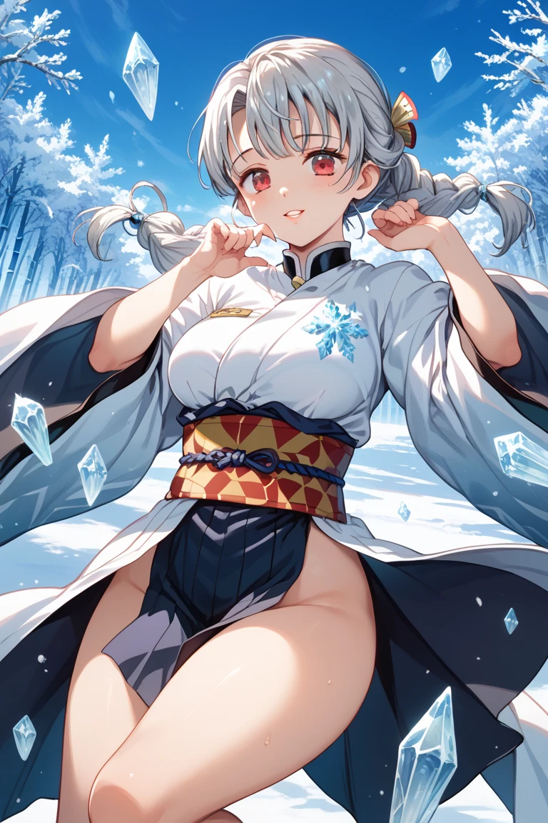 kiyola2st, low-tied long hair, horns, hair flower, white gloves, elbow gloves, naked, yellow bow, detached collar, , empty eyes , large breasts, nipple, Running, Heavy snowfall area, frozen, wet, crying, mountain, Alone, Smile , nude, Naked, solo, 1girl, Peeing:, lactation, projectile lactation