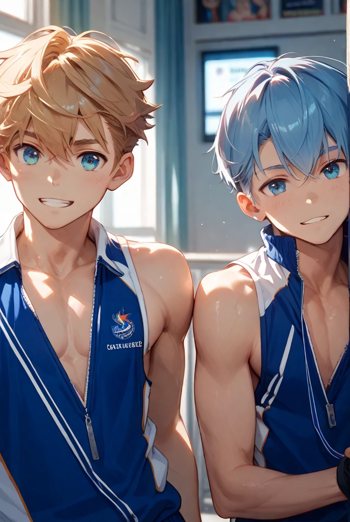 Anime boy in a dark blue swimsuit、1 boy、solo、Silver Hair、Short Hair、Blue Eyes、wearing dark blue swimsuit、Wearing a swimsuit、School Swimsuit、anime pose、The shoulders of the swimsuit are tank top style with no decoration.、wearing a girl's school swimsuit、The swimsuit is a leotard type with a high cut waist.、Tight swimsuit、Silver Hair boy、looking at viewer、Cowboy Shot、Japanese student swimsuit、crossdressing、fully body ポーズ、perfect body、perfect hands、(male body:1.3)、