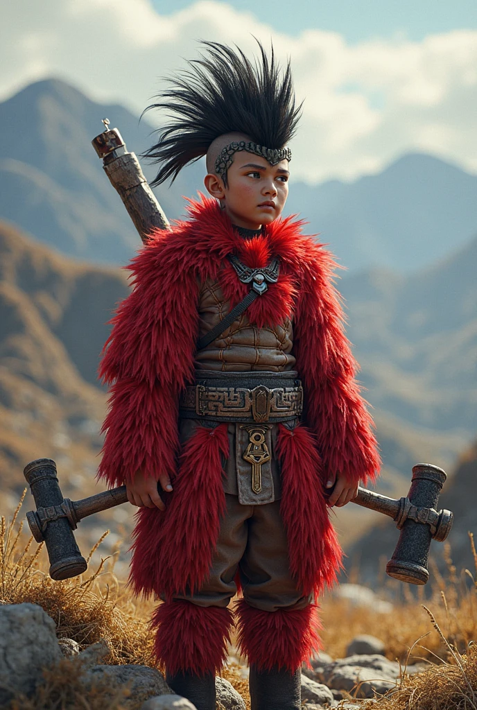 The full-body standing figure of a red-haired Mohawk Native American boy wearing a traditional costume. He was 14 years old. The face is facing forward.