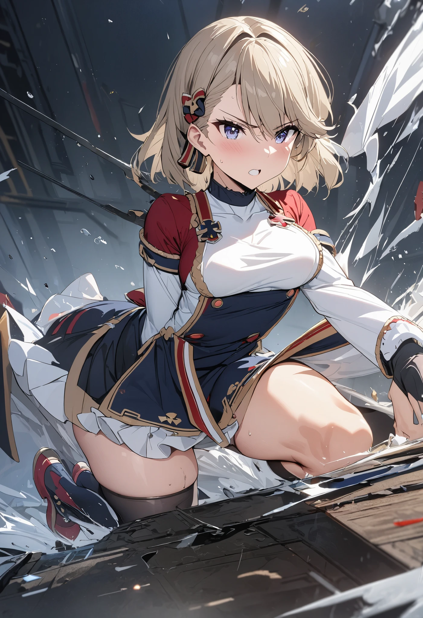 (hyper extreme detailed),(masterpeace),(hyper extreme),(photorealistic),CG,(colour:1.4), beautiful lighting,light from the front, solo,   <lora:Prince_of_Wales:1>,Prince_of_Wales,blonde hair,braided bangs,short hair,red eyes,red outfit,miniskirt,thigh_boots,