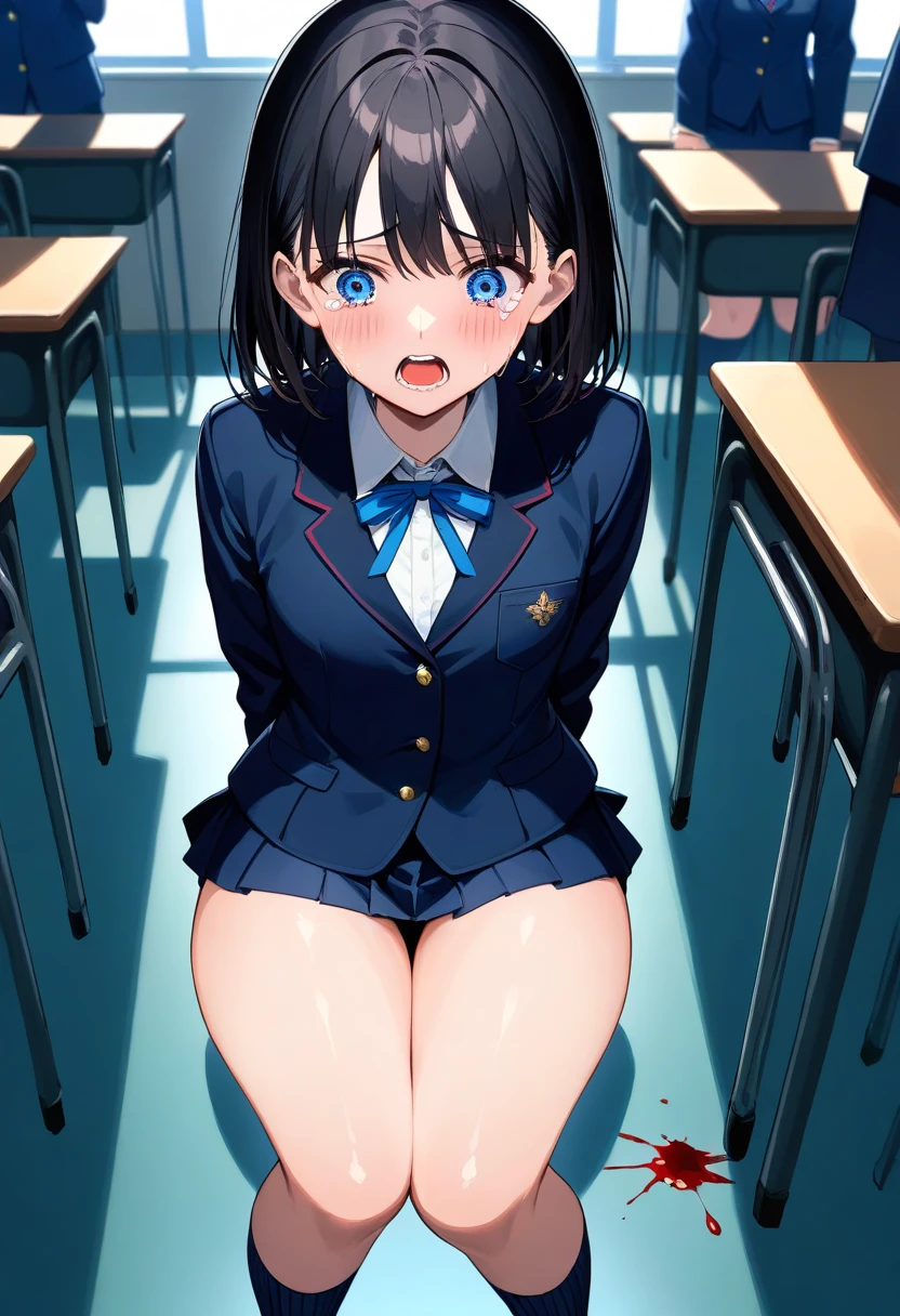 (masterpiece, 4K resolution, ultra-realistic, Very detailed), Girl、、12 years old、blazer、Sit on a chair、classroom、Holding white panties with both hands、smile、Black Hair、Side Ponytail、Brown eyes,holding panties,presenting panties.Perfect Fingers、tie、pussy、dildo in pussy、Blushing、Embarrassing、Embarrassed、Knee-high socks