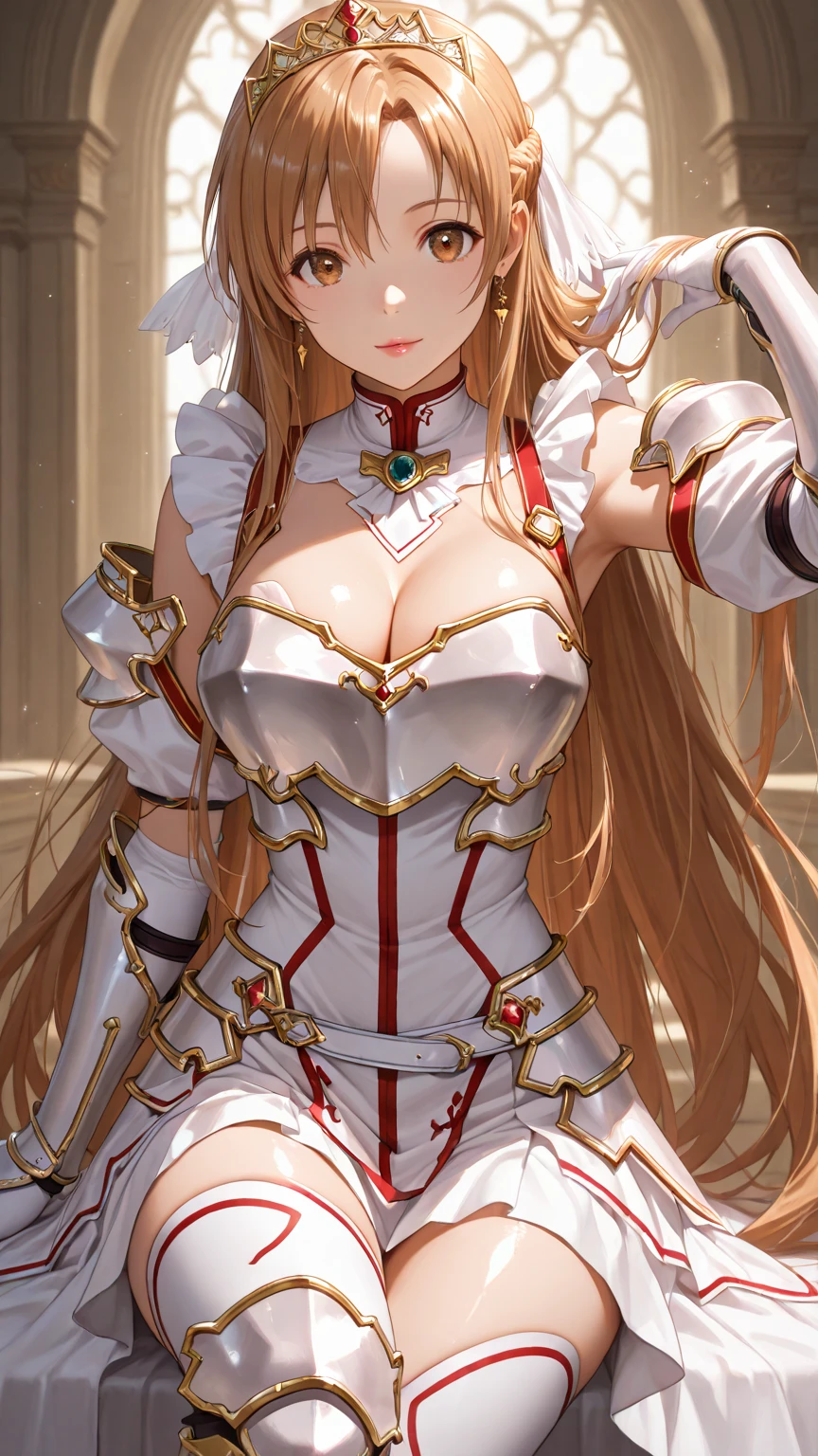 masterpiece, best quality, SimplePositiveXLv2, yuuki asuna, 1girl, solo, long hair, breasts, looking at viewer, blush, open mouth, bangs, skirt, large breasts, brown hair, long sleeves, bare shoulders, brown eyes, upper body, braid, pleated skirt, outdoors, parted lips, detached sleeves, day, belt, armor, tree, orange eyes, floating hair, red skirt, breastplate, bush,