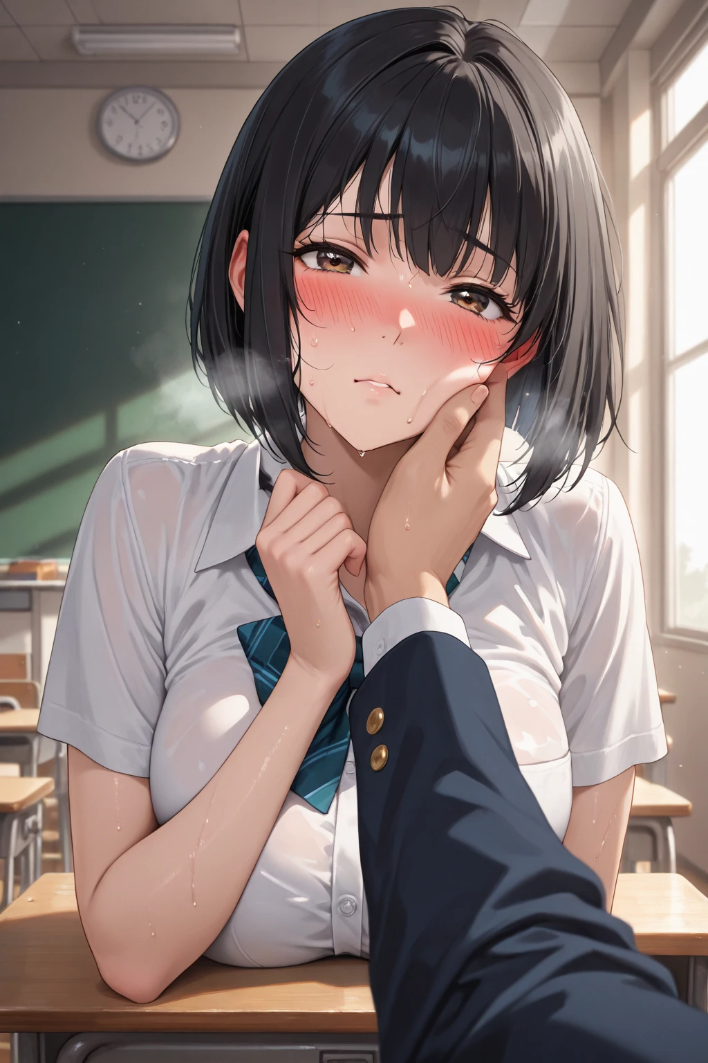 middle School girls、Blowjob temptation、Hand holding an air penis、Invisible penis、Black Haired Beautiful Girl、uniform、Short sleeve、White blouse、Loosened tie、Collarbone in full view、Naughty lips、Looking up、Upper body only、Drenched in sweat、classroom