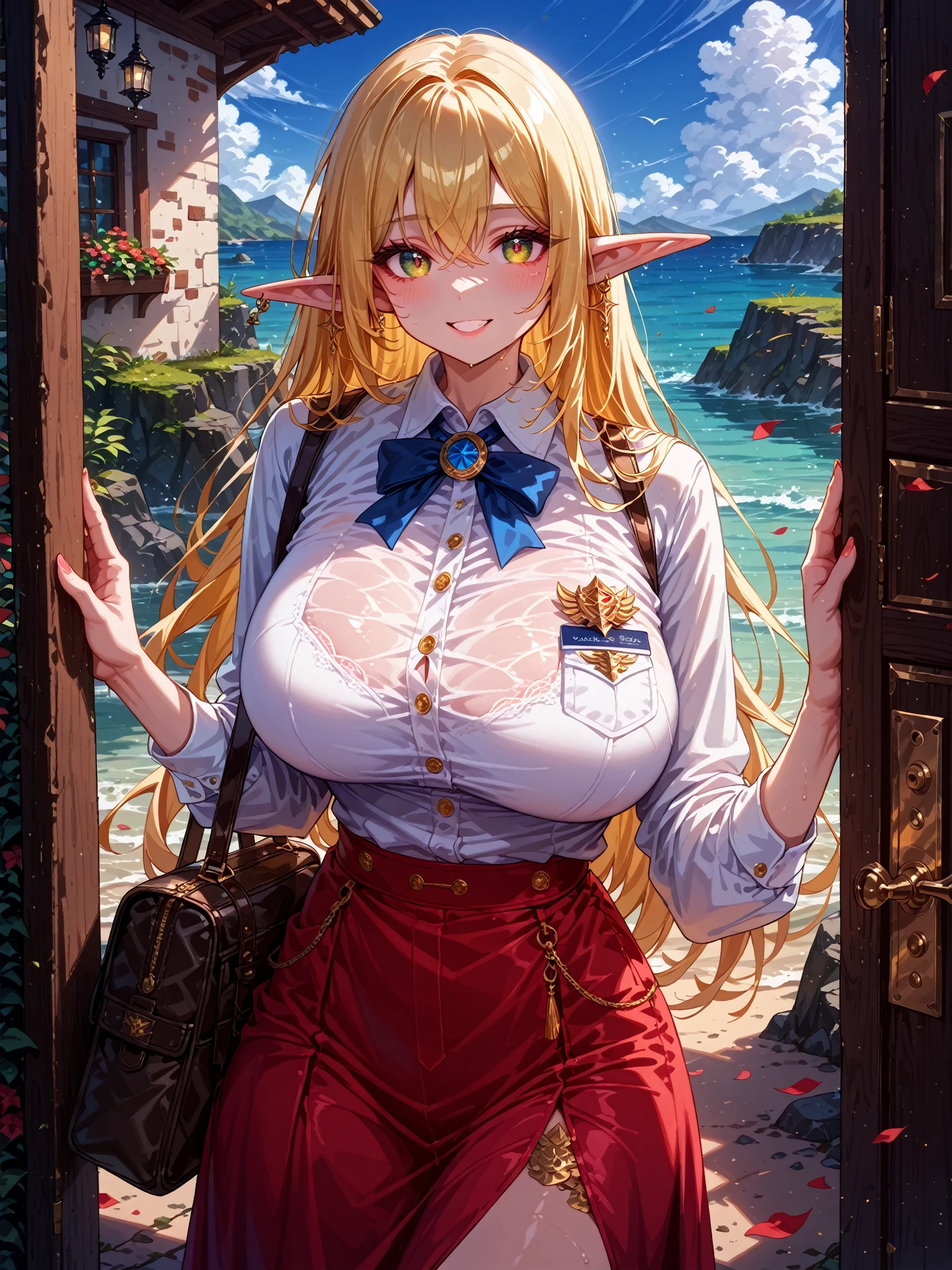 High resolution, Very detailed, perfect lighting, beautiful detailed eyes, ((masterpiece,Best Quality)), absurdities, alone, princess zelda, by the width, crown braid, Hair clip, pointy ears, corset azul, long sleeves, Gloves without fingers, black gloves, tight red pants , smile, curves, nod, , deep neckline, deep neckline, bare breasts, bare breasts, NSFW, corset azul, tight red pants, background landscape with stars in night sky, visible nipples, visible nipples