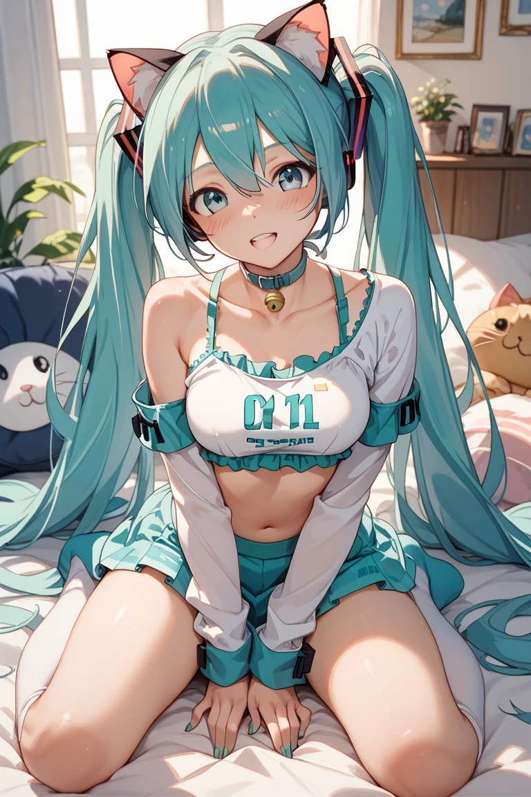 masterpiece, highest quality, highest quality,Official Art),(Hatsune Miku1人:1.3),(魅力的なHatsune Miku),((masterpiece, highest quality))、8k、One Woman、((18-year-old))、((Green Hair))、Big eyes、Sparkling eyes、Beautifully drawn eyes、smile、Large Breasts、Bikini、Luxury Homes、Beautiful night view、Near and far in the air、Hatsune Miku、Reading on the sofa