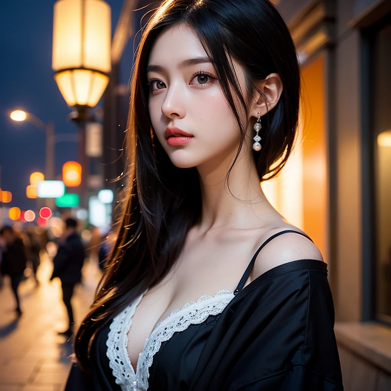  (Hyper-realistic), (illustration), (Increase the resolution), (16K), (extremely detailed), (Most Best Illustration), (beautiful detailed eyes), (best quality), (ultra-detailed), (masterpiece), (the wallpaper), (detailed face), Upper body photo, 1 Giant Breast , looking at viewer, exquisite detailing, detailed face, cropped shoulders, in the darkness night, deep shading, low tune, pureerosface_V1, smile, long white hair, Black shawl straight hair, 46 points oblique bangs, Chiaroscuro、stereograms、Zoom Layer、cowboy shot、F / 2.8、bokeh dof、​masterpiece、top-quality、hightquality、hard disk, black hair, long sleeves, belt, black hair, bangs, brown eyes, necklace