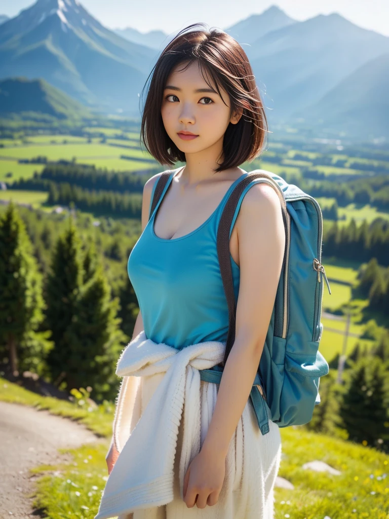 Photography of an adorable girl in modern attire, carrying a backpack, joyfully leaping and stepping on jade-colored auspicious clouds. Her entire body embodies the texture of jade, with hues of white and jade green, captured in a realistic photograph that showcases the fusion of human form and precious stone. The whimsical scene captures the girl's playful spirit as she dances above the clouds, blending the earthly with the ethereal in a visually enchanting composition