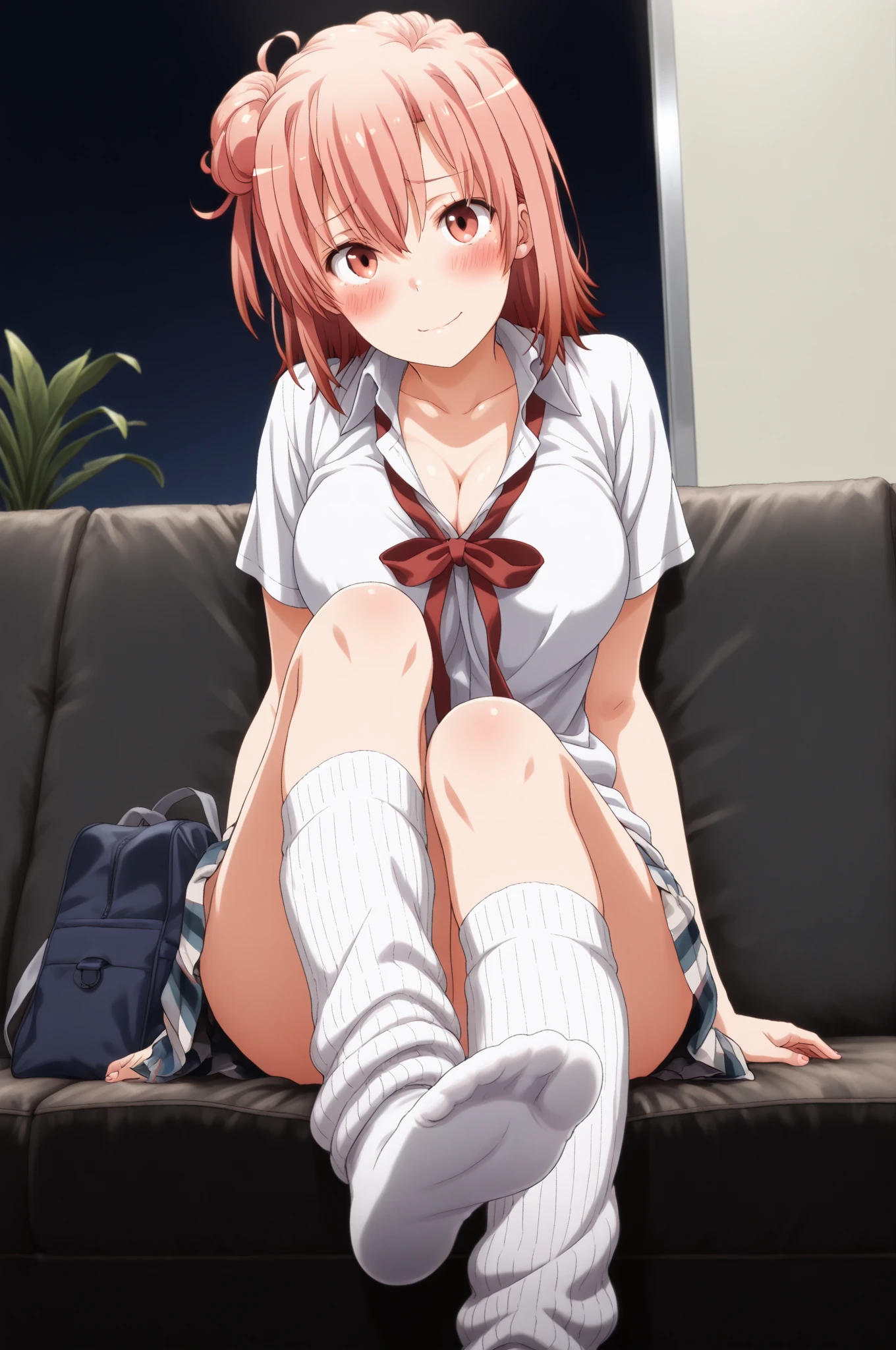 ((masutepiece, Best Quality, hight resolution, nffsw, Perfect Pixel, depth of fields, 4K, )), 1girl in, Solo, , Beautiful anime girl, Beautiful Art Style,
very low view angle:1.3, view from below:1.5, sky from below:1.5, bathroom background, sitting on table:1.5,
Perfect body, poker face:1.5, show feet:1.5, show close feet:1.5, medium cleavage:1.5,
Yuigahama Yui, Hair bun, short hair, large breasts, show panties:1.5, spread legs:1.5,
Full face blush, black stockings:1.4, blue bathrobe:1.3, red face,
straight on:1.3, medium shot