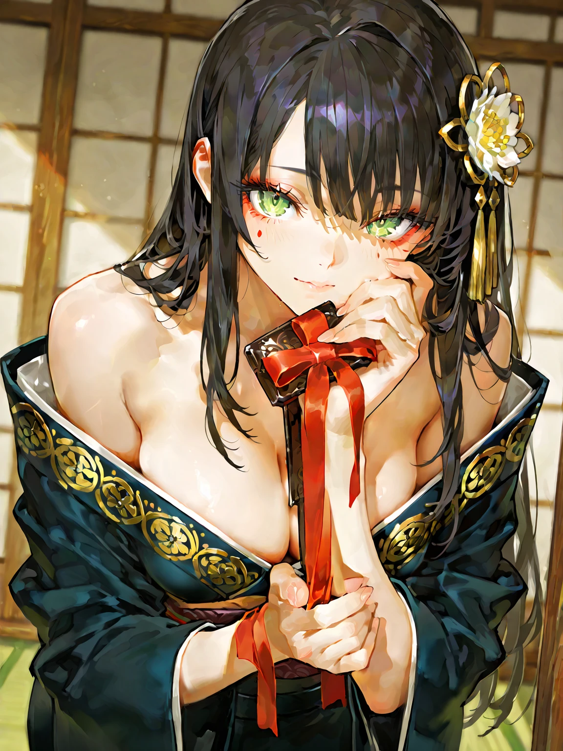 (masterpiece:1.3), (best quality:1.1), ((1girl)), ((solo)), (red eyes:1.4), (finely detailed eyes and detailed face:1.3), (beautiful and clear background:1.2), (extremely detailed CG, ultra-detailed, best shadow:1.1), ((depth of field)), ((watercolor)), (oni:1.5), (kimono:1.3), large breasts, bare shoulders, flowers and petals, beautiful concept illustration, (white background:0.5), (illustration:1.1), (extremely fine and beautiful:1.1), (perfect details:1.1), from side, cowboy shot,