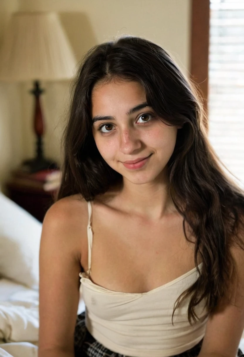 Colombian Portuguese girl cup of freckles in her twenties long curly hair 