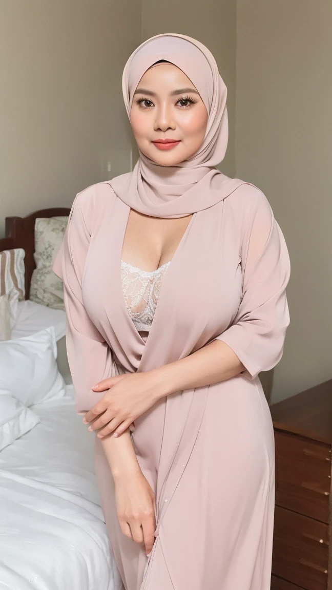 matured malay woman in hijab wearing lace red color pajamas portrait photography, mid shot photo, ultra detail, professional photograph with professional lighting, smile, light blue studio background, sexy seducing pose, curvy