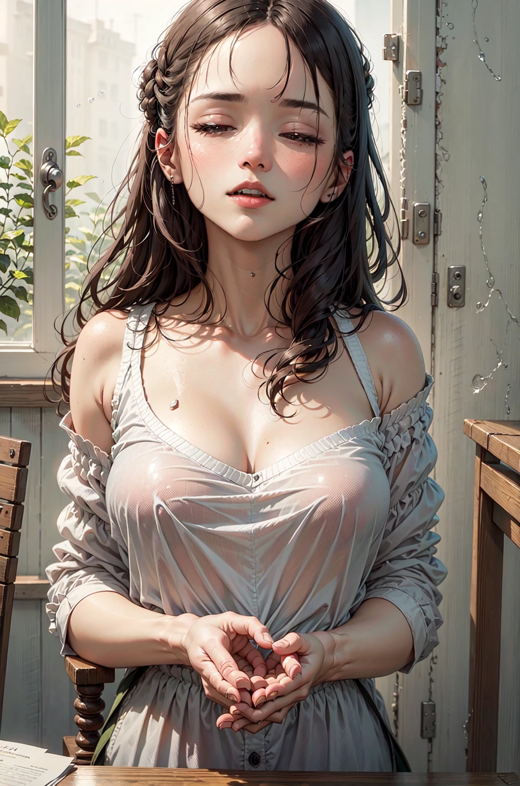 (​masterpiece:1.2、top-quality)、(Real image、intricate detailes)、(natta、murky、drenching:1.4) There is no one in the alley、The surroundings are quiet、Only raindrops are sprinkled on the tile eaves of low houses near and far、It was making a slight rustling noise。In the cold rain、(1 girl in、linen wrap skirt、Bandeu Top、espadrille flat shoes、mournful、perfect  eyes:1.2)Squatting on the ground、huge tit、cleavage of the breast、beauty legs、((Bare legged))