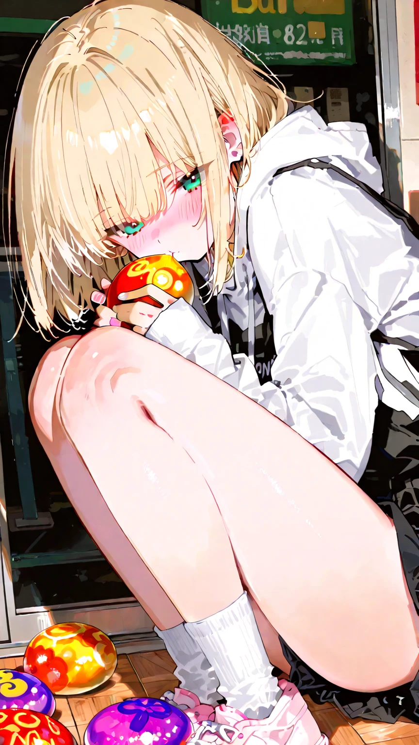 girl and bottles of cola, black liquid, full body, beautiful face, freckles, pee, peeing, pussy, mismatched legwear, white thigh highs, black tie, short blonde curly hair, green eyes, red skirt, skirt lift, no panties, puffy sleeves, short sleeves, white shirt, looking at viewer, smiling, pussy juice trail, pussy juice puddle, coca-cola, white background, spread legs