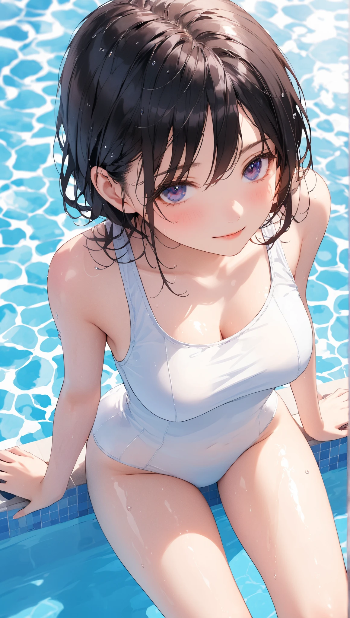 1 girl, big watery eyes*Su Jiushui*wet hair*hair open*earrings*swimming pool>,, Lola:Add to_detail:1,flat chest,Bikini swimsuit