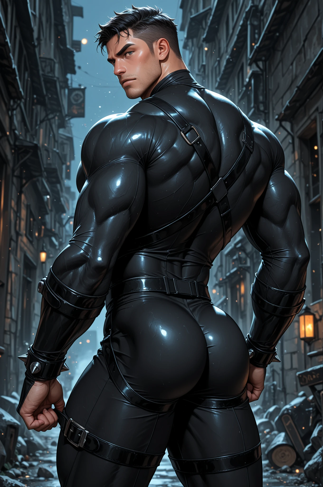 Um homem magro vestido de Mulher-Gato, segurando seu chicote, Standing on a dimly lit roof at night, Overlooking a sprawling cityscape with illuminated skyscrapers and bustling streets below. The atmosphere is mysterious and hectic, with a light drizzle adding a sense of anticipation. The man's clothes are elegant, com um bodysuit de couro preto, orelhas de gato, with mask and piercing green eyes. The whip he holds is wrapped around his gloved hand, sugerindo perigo e controle. Capture esta dele meio de lado, Your ass is well defined.