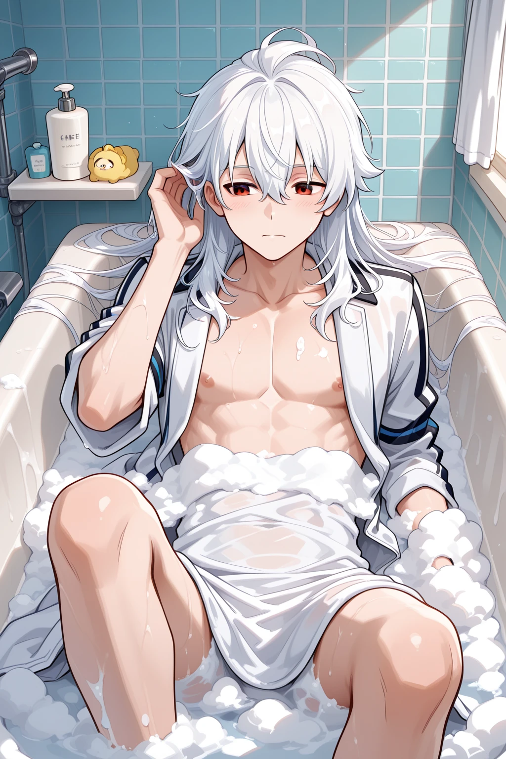 1boy, white long hair, white eyelashes, green eyes,fitness body,hair in the wind, satisfied expression, sexy,naked,wet body, bathroom background, washing dick, holding dick