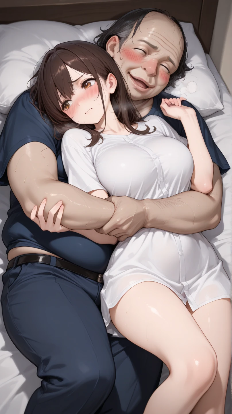 1 girl,Blue leotard,barefoot,brown hair,bob hair,big breasts,Sweat,panic,blush,panic,please open your mouth wide,shy,smile,pleasure,tickles,saliva,tears,An old man sits on a girl lying face down on the bed,((The old man is pushing the girl's back with both hands:1.4)), The old man makes her arch her back,Girl is relaxing and enjoying massage,There is a bed on the floor,An elderly person,