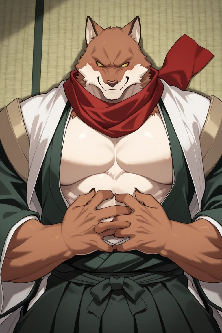 temujin, an illustration of a cartoon male with a demon head and a red cape, bulge, 1boy, male focus, bara, nipples, tentacles, muscular male, erection under clothes, pectorals, muscular, wolf ears, solo, tentacles on male, abs, furry, furry male, large pectorals, animal ears, erection, topless male, navel, stomach, thick thighs, wolf boy, thighs,hakama pants,hakama,open kimono,kimono