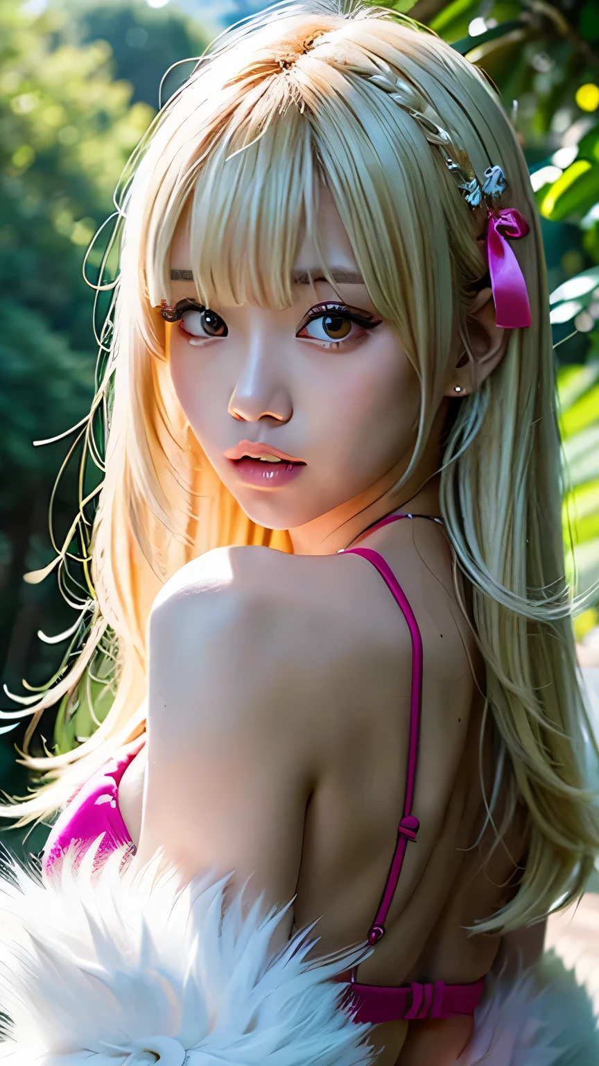 “A beautiful woman with cat ears, long blonde hair, and red eyes. She has a tear mole under her left eye, no human ears, red eye shadow, and light red blush. She is wearing a traditional Japanese yukata with a yellow obi and red thong geta sandals. The image should be highly detailed, 8K resolution, with cinematic lighting and a twilight sky, capturing intricate textures.”