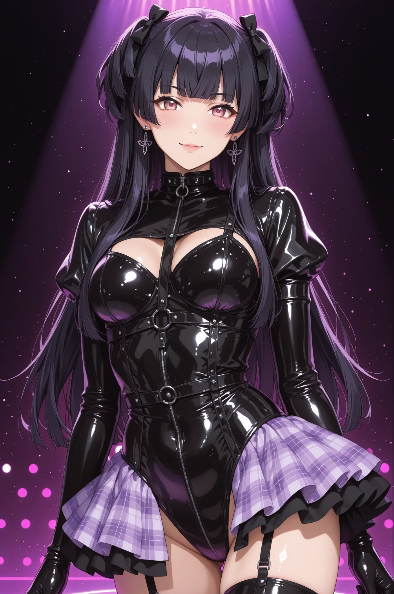 Highest quality　Highest quality　Draw a face carefully　High-definition anime-style face　Super Glowing Skin　Long black hair　Black leotard　Purple pantyhose　Succubus　lure　smile