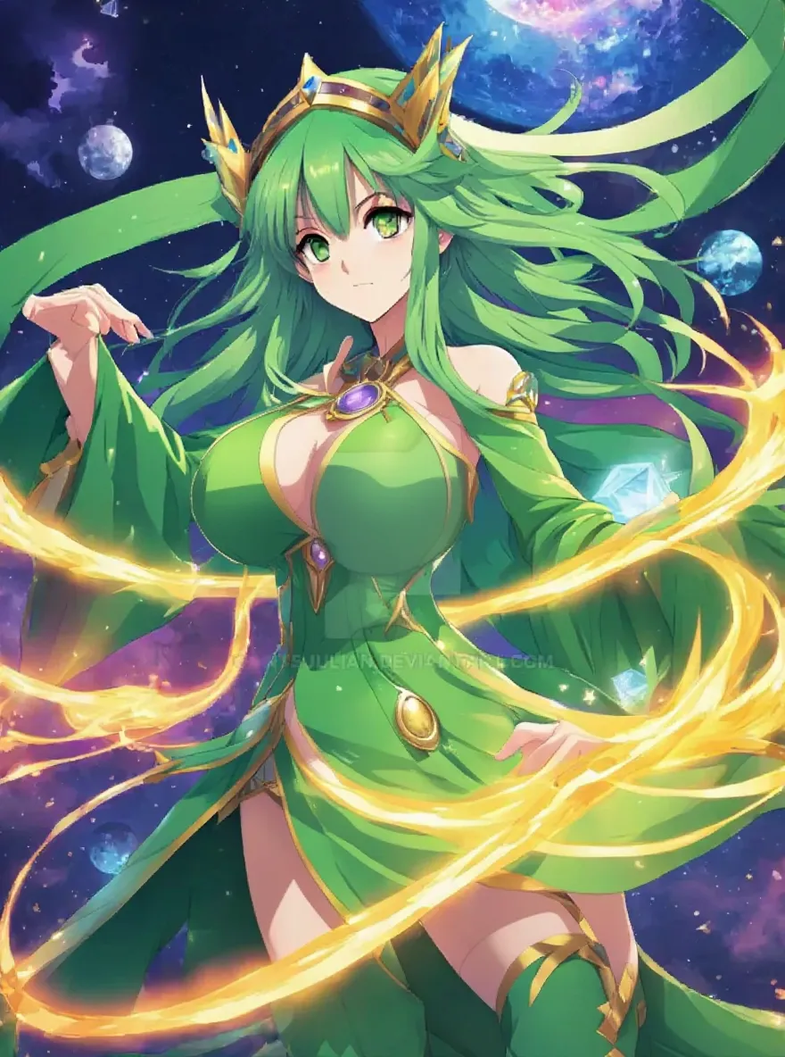 Imagine an anime girl with ethereal beauty, as if it had been sculpted by the same artists who painted the stars in the night sky. Her hair flows like a waterfall of golden threads, capturing sunlight in every strand. His eyes are two bright emeralds, full of life and mystery, reflecting a spirit that is both ancient and eternally young. The girl&#39;s skin has the soft glow of dawn, and her smile is so radiant that it could illuminate even the darkest corners of the heart.”